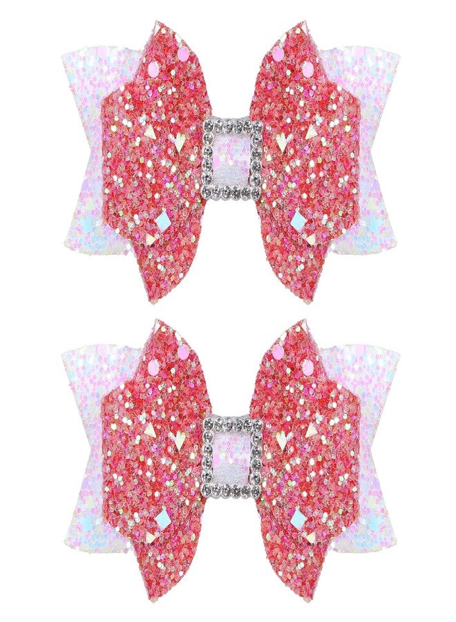 melyde Glitter Hair Bow Clips 3.5 Inch Sweet Hairpins Girls Teens Sparkly Hair Accessories for School Birthday Holiday Party Decor, White&Rose Red - Image 1
